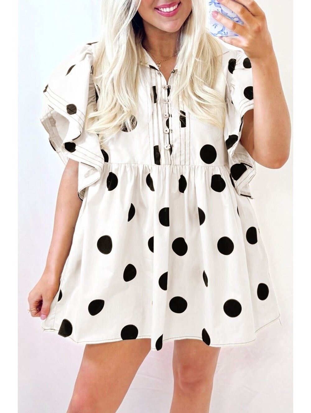 White and Black Polka Dot Short Sleeve Mini Dress